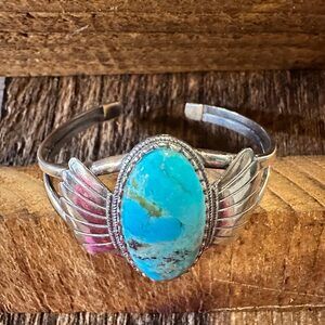 Native American Turquoise Winged Abedabun Sterling Silver Cuff Bracelet in Gift